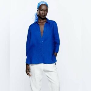 Zara Vivid Blue Linen Shirt S NWT